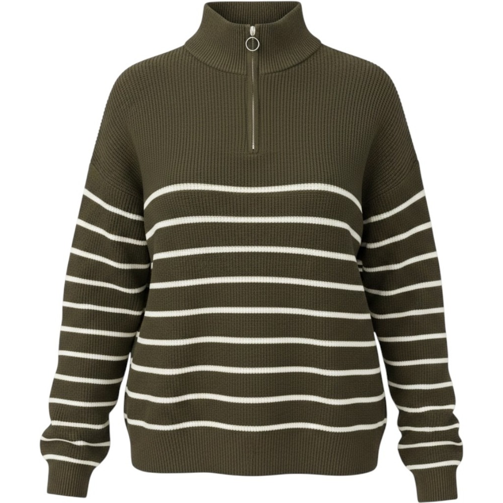 LILLUSORY Womens Olive Green Striped Quarter Zip Ribbed Knit Sweater Size M